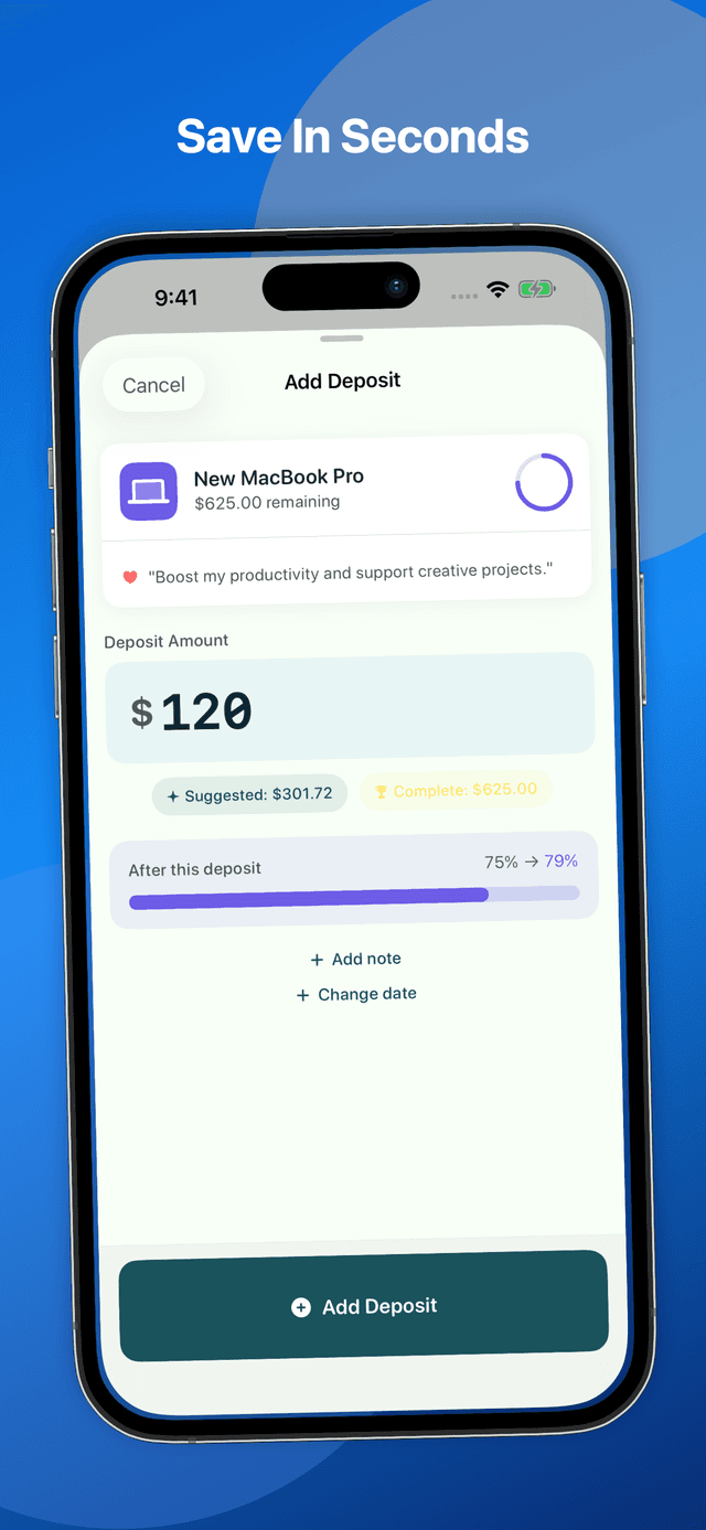 DreamsJar add deposit screen