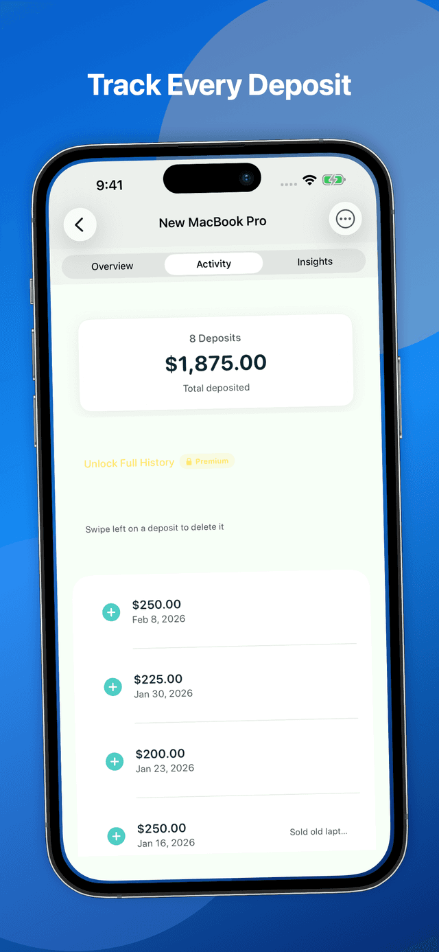 DreamsJar goal activity and deposit history