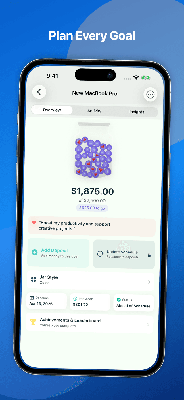 DreamsJar goal overview with progress visualization